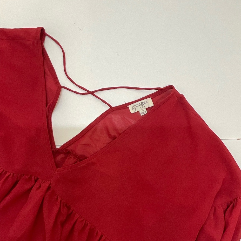 Umgee Deep V-Neck Red Balloon Sleeve Babydoll Top.  Size Small. - Picture 4 of 10